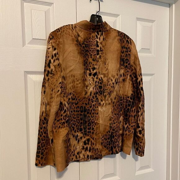 NWOT Dana Buchman Leopard Printed 100% Linen Long Sleeve ZipUp Front Blazer - 16 - Picture 7 of 14